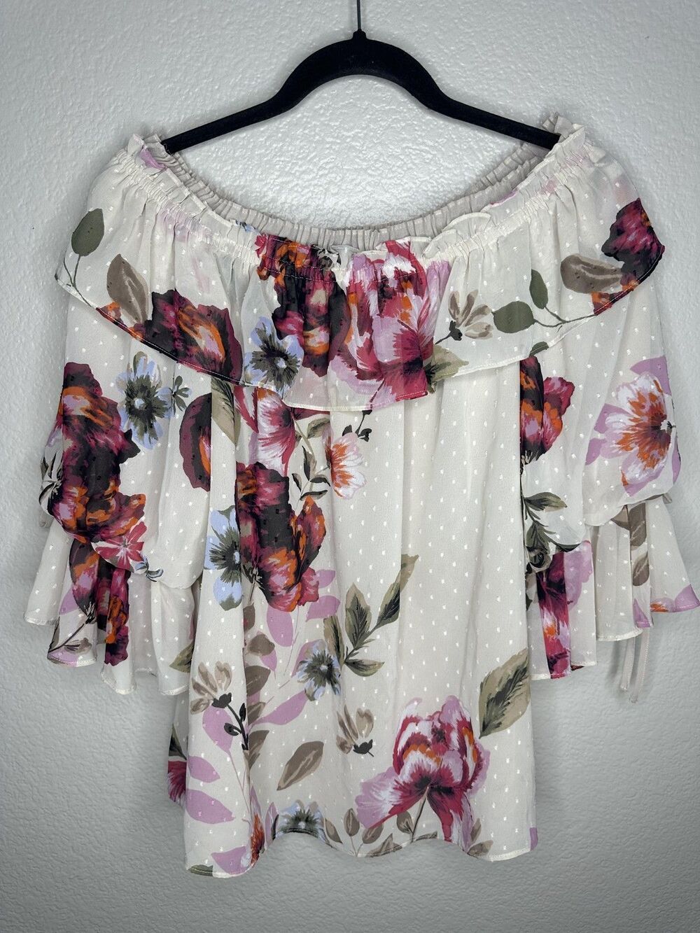 White House Black Market Blouse Womens Medium White Floral Ruffle Off Shoulder